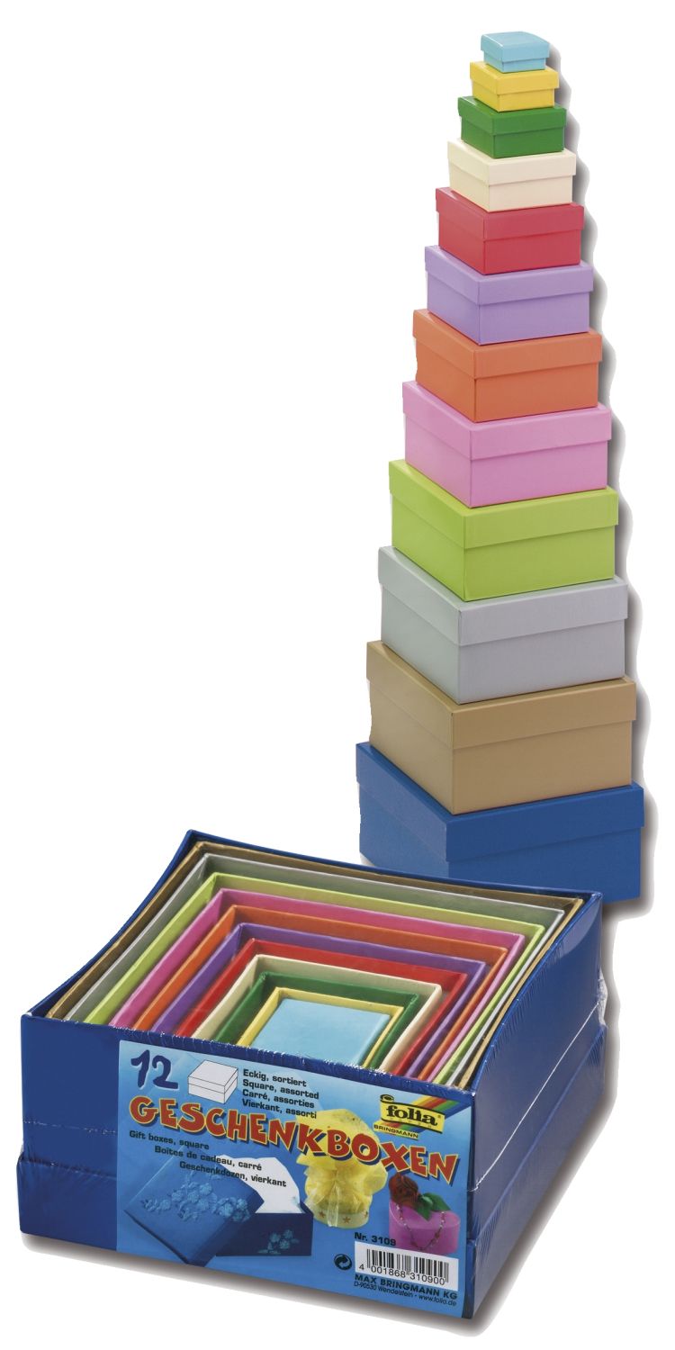 Geschenkschachtel "eckig" - bunt, 12-teilig, Größen und Farben sortiert,