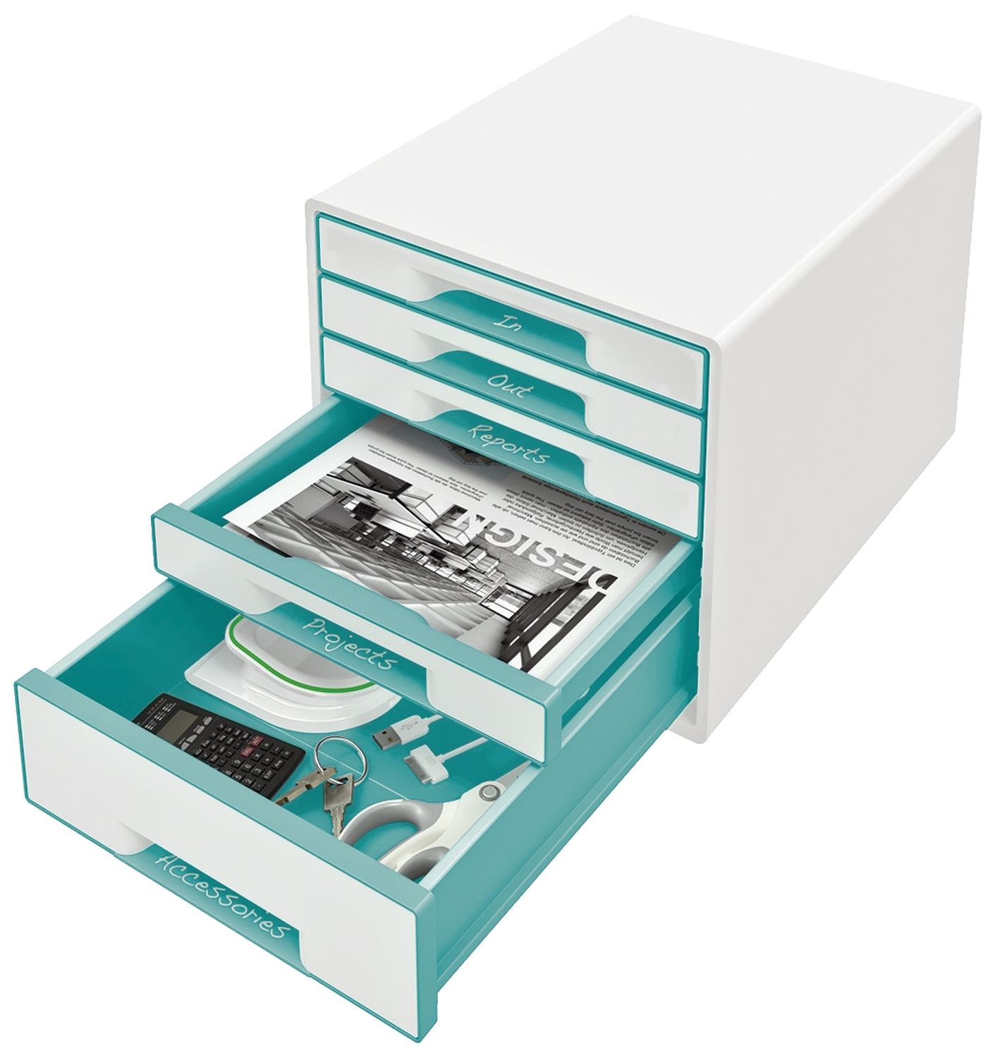5214 Schubladenbox WOW CUBE - A4/C4, 5 geschlossene Schubladen, perlweiß/eisblau metallic 5214 Schubladenbox WOW CUBE - A4/C4, 5 geschlossene Schubladen, perlweiß/eisblau metallic