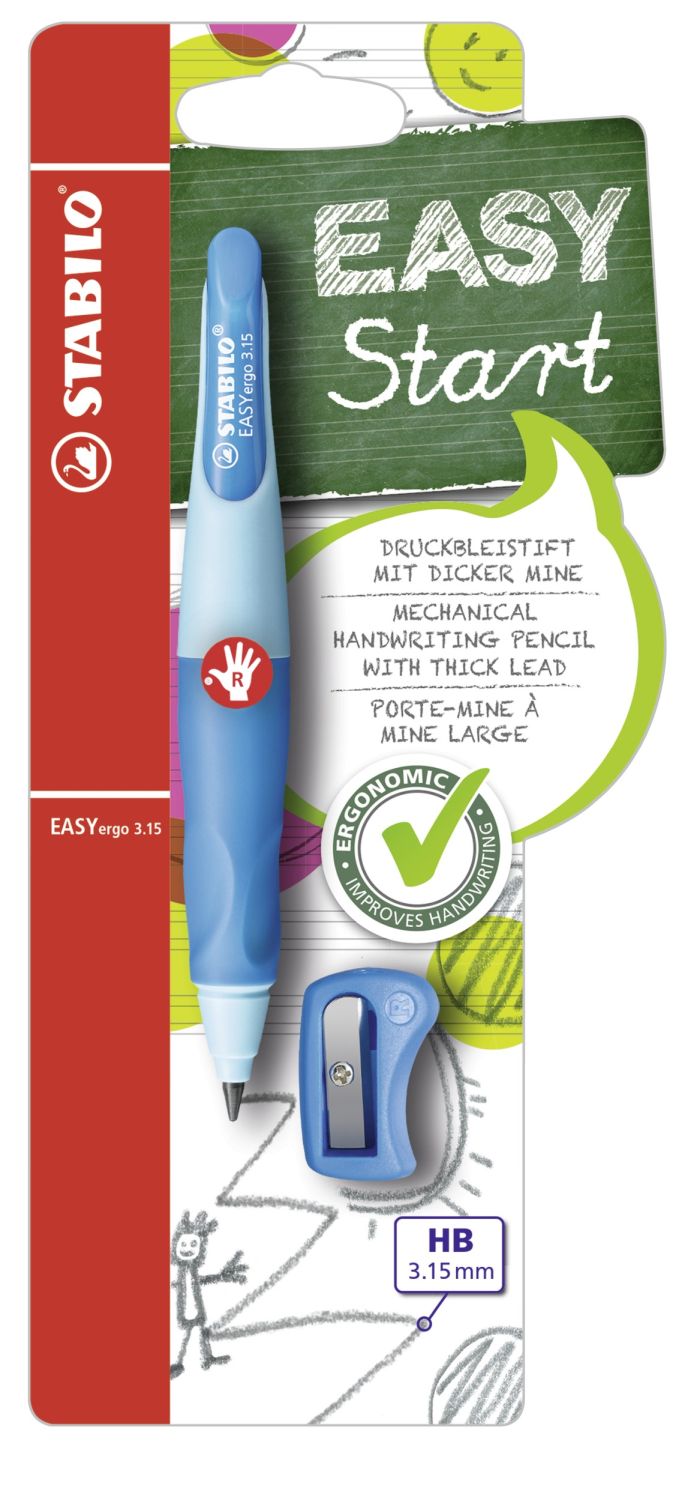 Ergonomischer Druck-Bleistift für Rechtshänder - EASYergo 3.15 in hellblau/dunkelblau - Einzelstift - inklusive 1 dicken Mine - Härtegrad HB & Spitzer Ergonomischer Druck-Bleistift für Rechtshänder - EASYergo 3.15 in hellblau/dunkelblau - Einzelstift - inklusive 1 dicken Mine - Härtegrad HB & Spitzer
