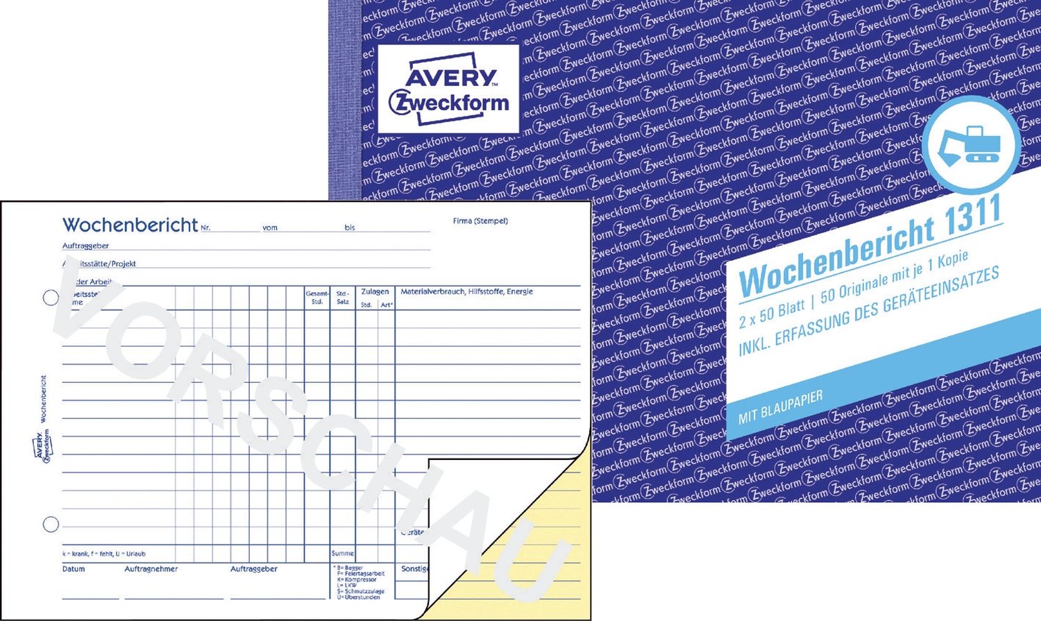 1311 Wochenbericht, DIN A5 quer, vorgelocht, 2 x 50 Blatt, weiß, gelb 1311 Wochenbericht, DIN A5 quer, vorgelocht, 2 x 50 Blatt, weiß, gelb