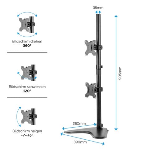 Monitorhalterung Fellows Seasa 8044001, für 2 Monitore bis 32 Zoll vertikal, Standfuß, schwarz