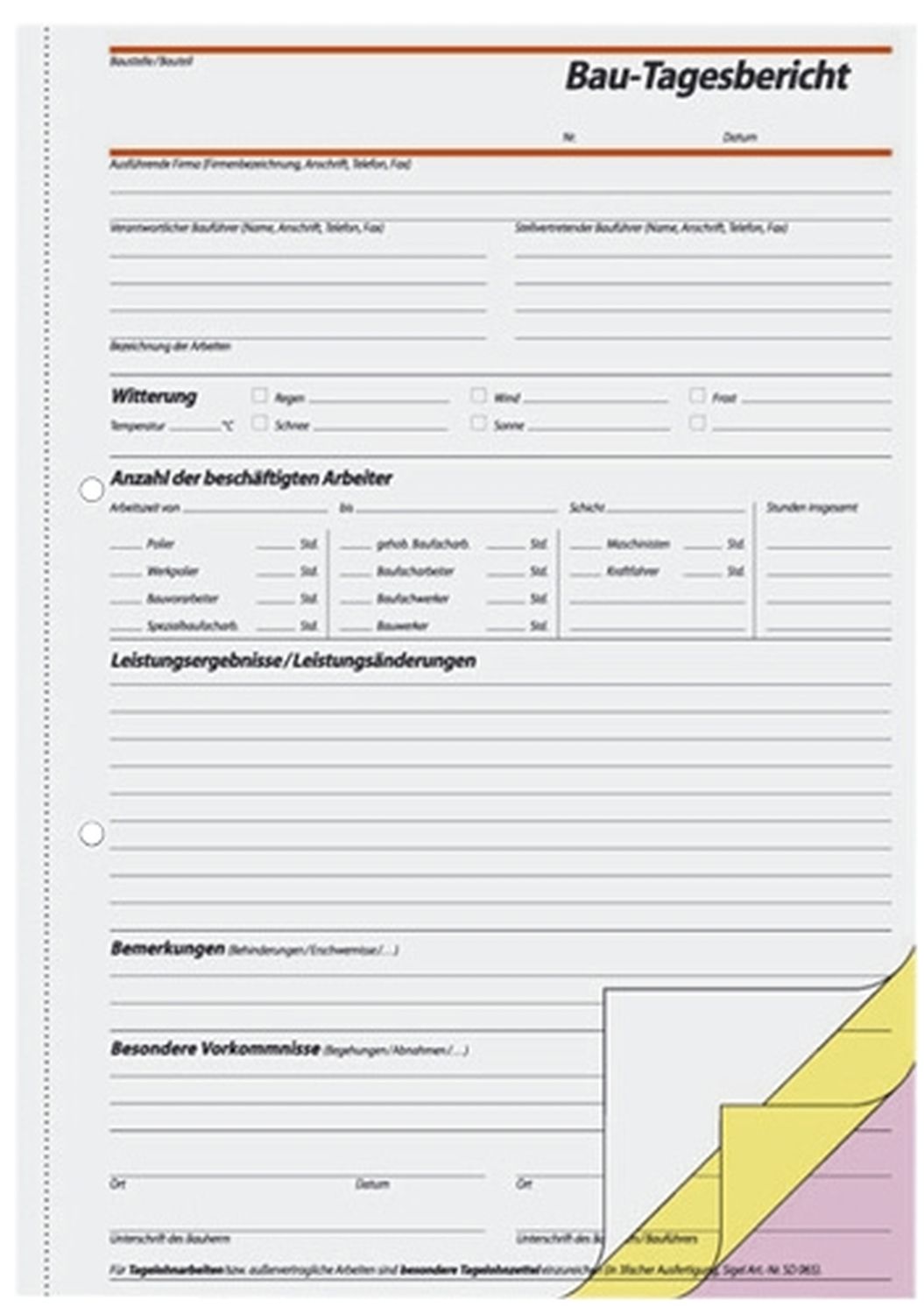 Bautagebuch - A4, 1., 2. und 3. Blatt bedruckt, SD, MP, 3 x 40 Blatt Bautagebuch - A4, 1., 2. und 3. Blatt bedruckt, SD, MP, 3 x 40 Blatt