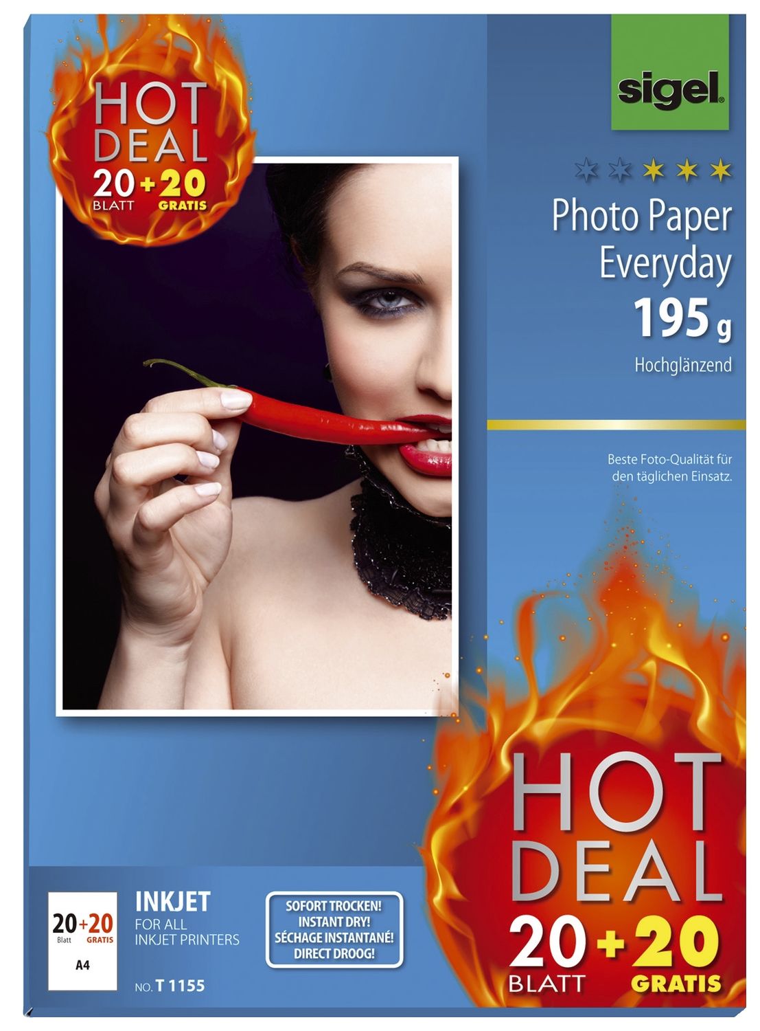 Fotopapier Photo Paper Everyday T1155, DIN A4, weiß, hochglänzend, 195 g/qm, 20 + 20 Blatt für Inkjetdrucker