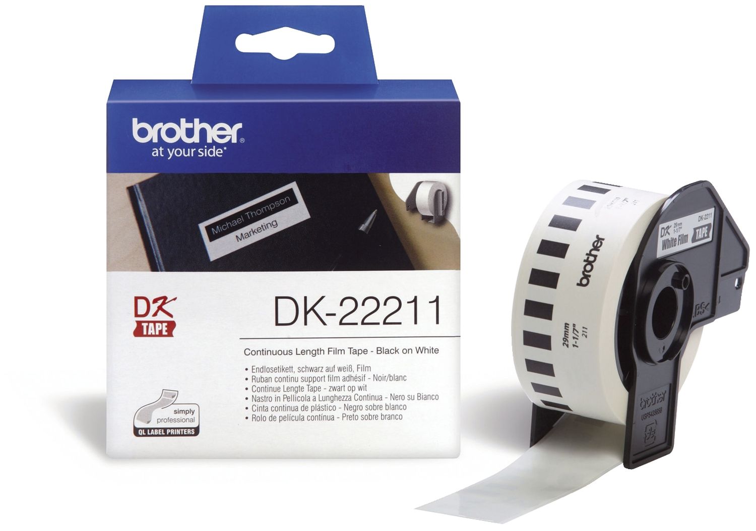 DK-Endlosetiketten Film - 29 mm x 15,24 m, schwarz auf weiß DK-Endlosetiketten Film - 29 mm x 15,24 m, schwarz auf weiß
