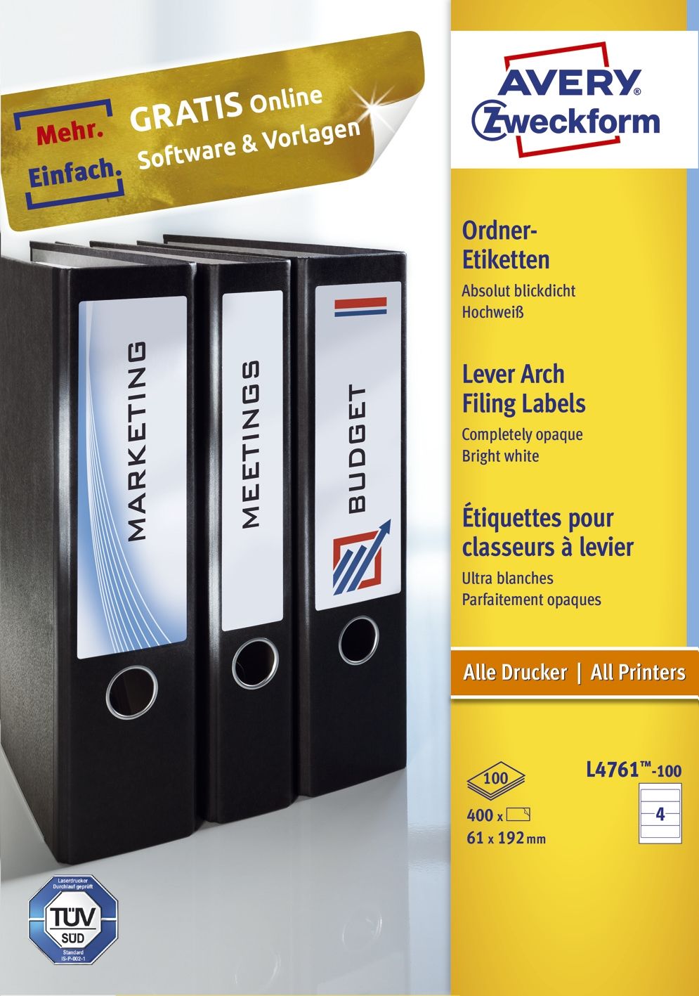 Rückenschild Avery Zweckform L4761-100 PC-beschriftbar, breit/lang 61 x 297 mm, 100 Bogen/400 Etiketten, weiß Rückenschild Avery Zweckform L4761-100 PC-beschriftbar, breit/lang 61 x 297 mm, 100 Bogen/400 Etiketten, weiß