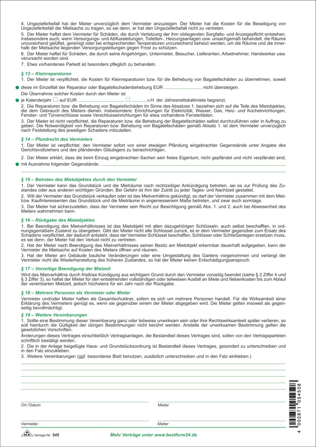 Vertrag zur Vermietung eines Hauses, 4 Seiten, gefalzt auf DIN A4 + Hausordnung Vertrag zur Vermietung eines Hauses, 4 Seiten, gefalzt auf DIN A4 + Hausordnung