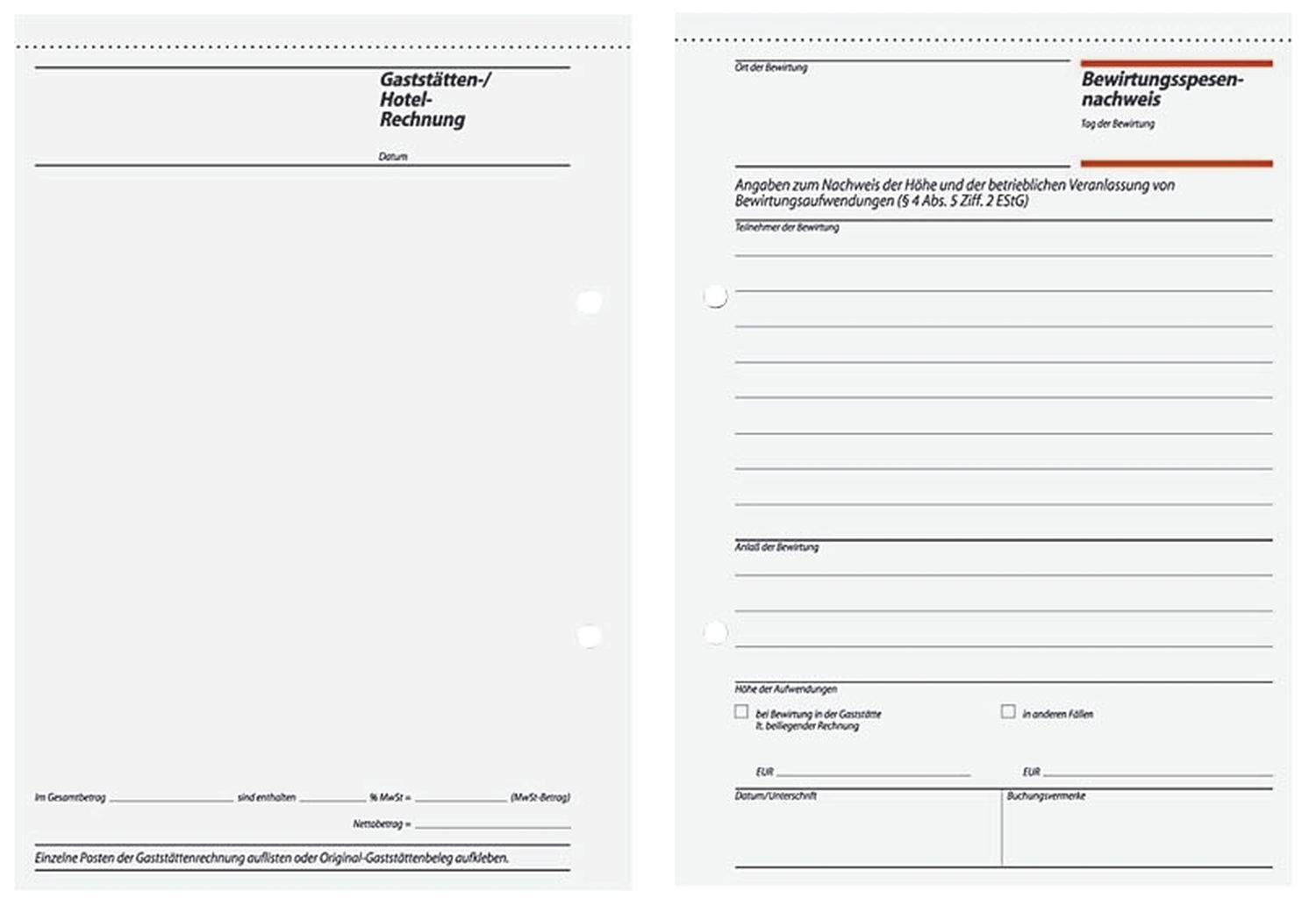 Bewirtungsspesennachweis/Gaststättenrechnung - A5, 2seitig bedruckt, MP, 50 Blatt Bewirtungsspesennachweis/Gaststättenrechnung - A5, 2seitig bedruckt, MP, 50 Blatt