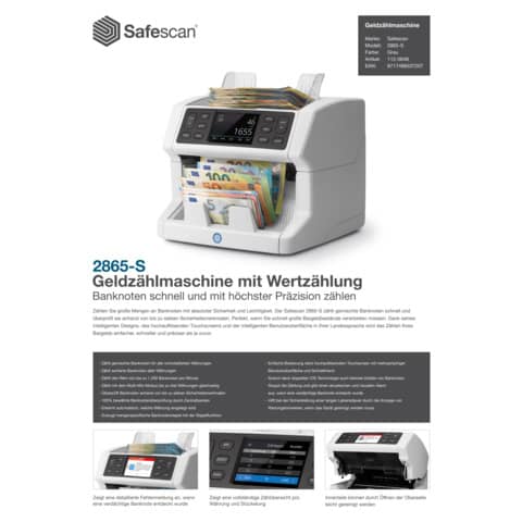 Geldscheinzähler Safescan 2485-S, 11-0548, Falschgelderkennung und Wertzähler mit Farbsensor, 1.500 Noten je Minute