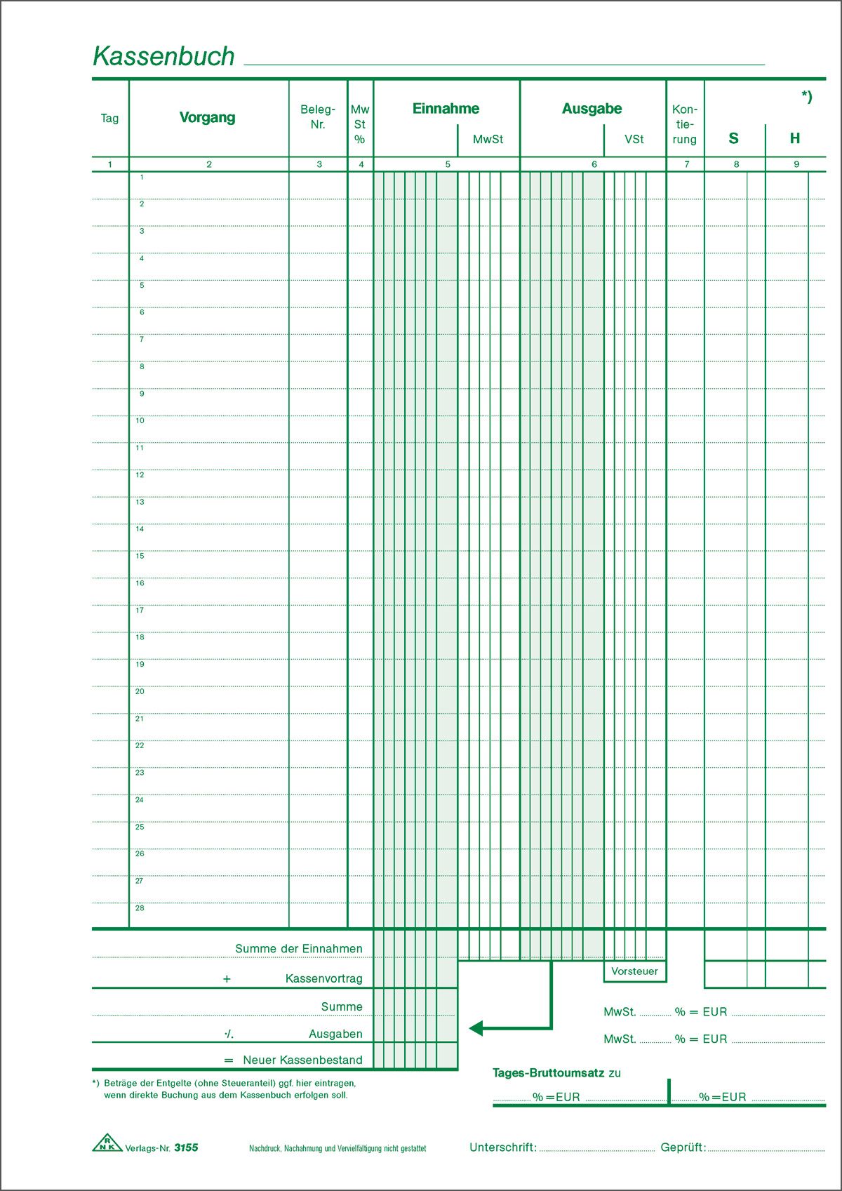 Kassenbuch - mit Umsatzsteuererfassung - SD, 2 x 40 Blatt, DIN A4 Kassenbuch - mit Umsatzsteuererfassung - SD, 2 x 40 Blatt, DIN A4