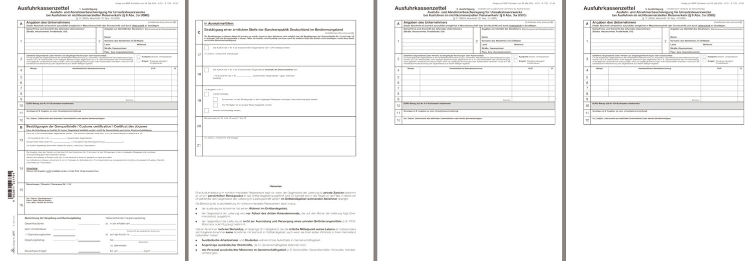 Ausfuhrkassenzettel / Abnehmerbescheinigung Umsatzsteuer - SD, 1x3 Blatt, DIN A4 Ausfuhrkassenzettel / Abnehmerbescheinigung Umsatzsteuer - SD, 1x3 Blatt, DIN A4