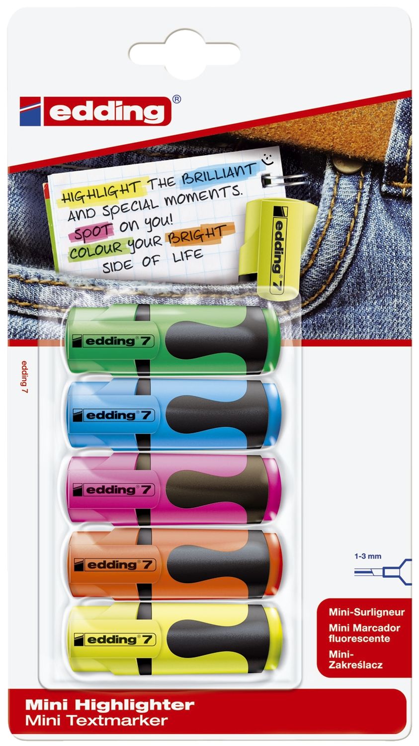 7 Textmarker mini highlighter - 1-3 mm, sortierte Blisterkarte