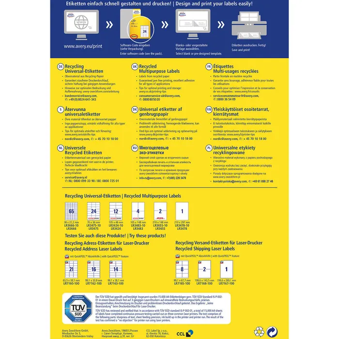 Universaletiketten Avery Zweckform LR3478-10, 210 x 297 mm, Recycling, weiß, 10 Blatt mit 10 Etiketten, permanent