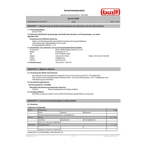 Allzweckreiniger Buzil Blitz Citro G 481 125648104, Flasche, 1 Liter