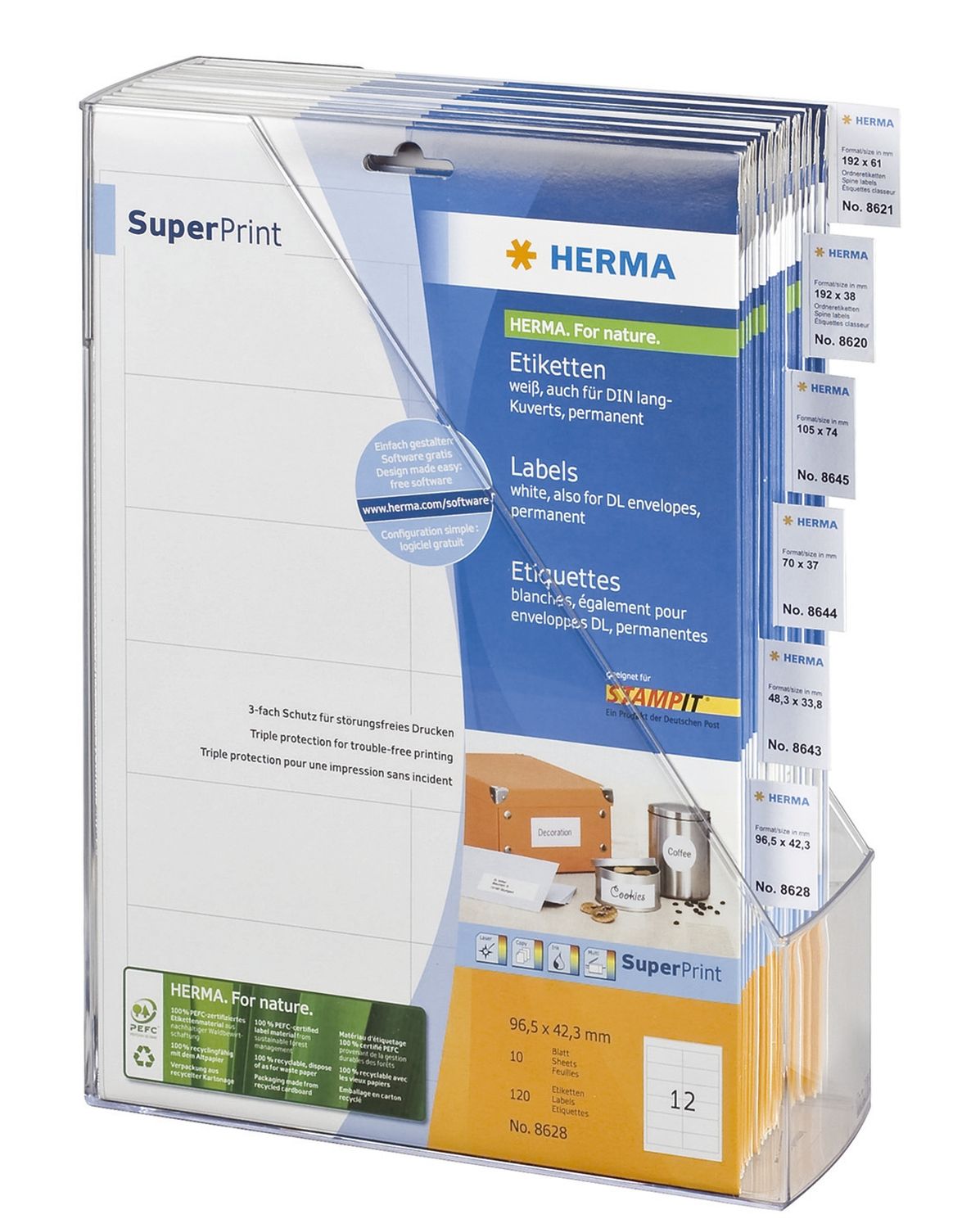 Rückenschilder Herma SuperPrint 8620, PC-beschriftbar, schmal/kurz 192x38 mm, permanent, weiß 70 Stück