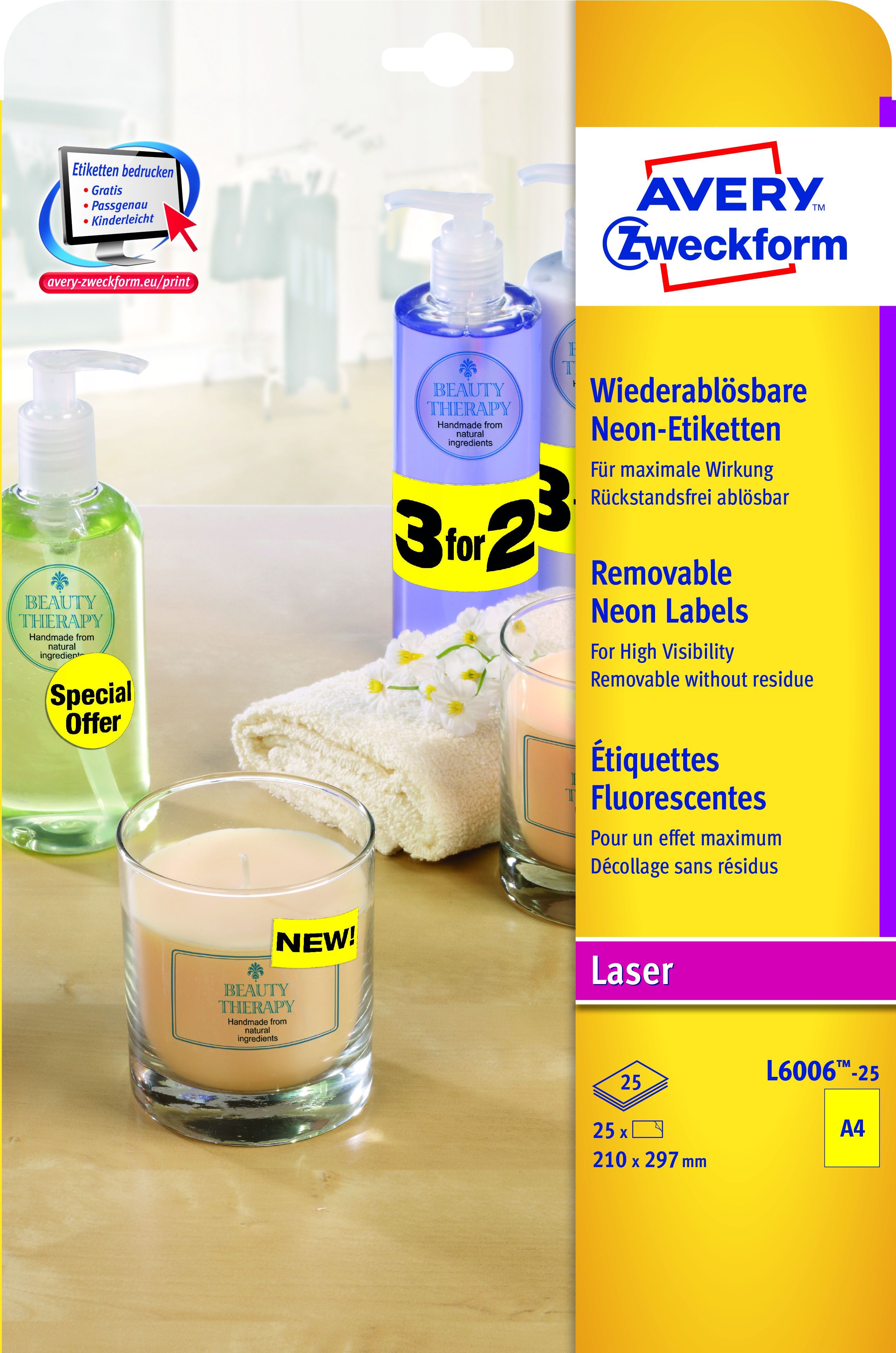 L6006-25 Etiketten in Sonderfarben, 210 x 297 mm, 25 Blatt/25 Etiketten, neongelb