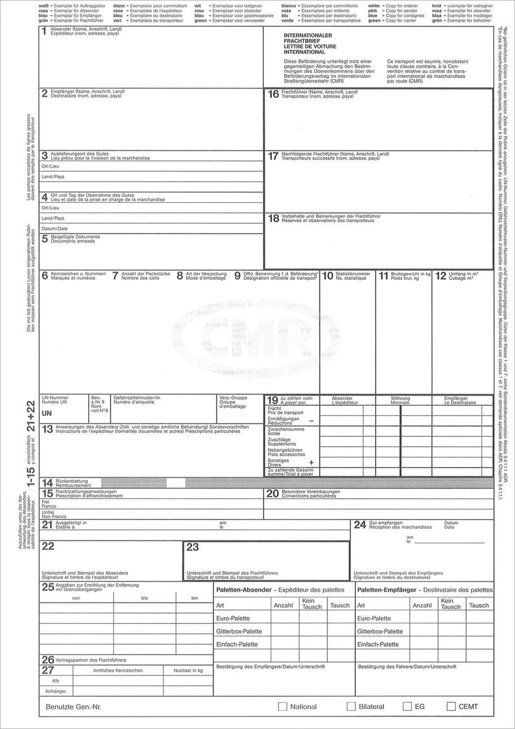 Internationaler Frachtbrief (CMR), 4 Einzelblatt, DIN A4 im Wechsel Internationaler Frachtbrief (CMR), 4 Einzelblatt, DIN A4 im Wechsel