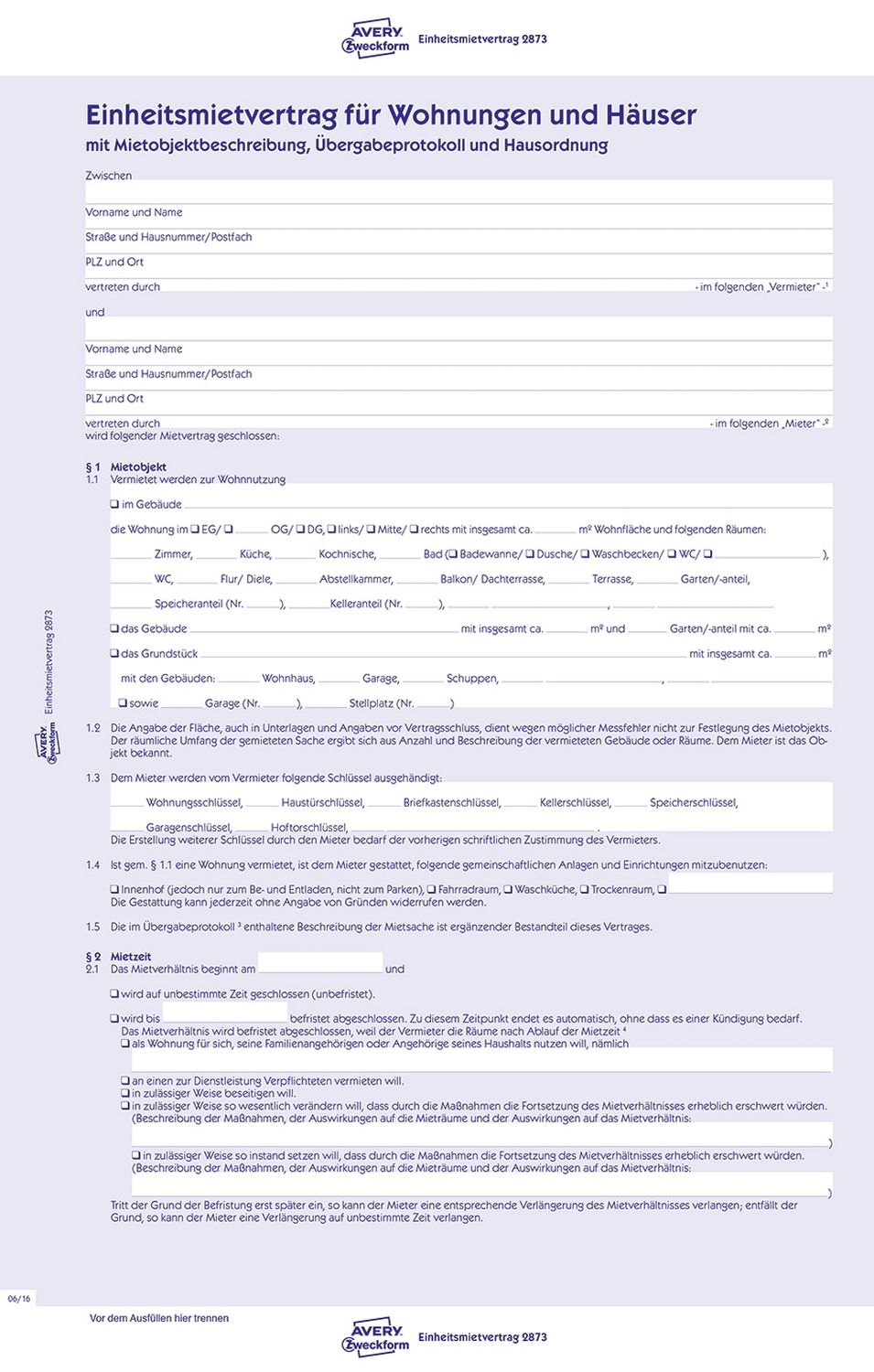 2873 Einheitsmietvertrag - Wohnungen und Häuser, DIN A4, mit Übergabeprotokoll, gelb 2873 Einheitsmietvertrag - Wohnungen und Häuser, DIN A4, mit Übergabeprotokoll, gelb