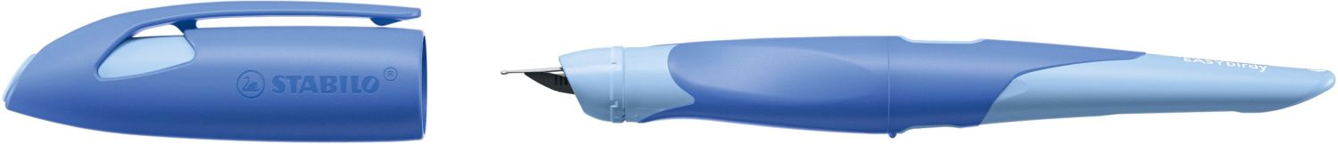 Ergonomischer Schulfüller für Rechtshänder mit Anfänger-Feder A - EASYbirdy Pastel Edition in blau/hellblau - Einzelstift - inklusive Patrone - Schreibfarbe blau (löschbar)