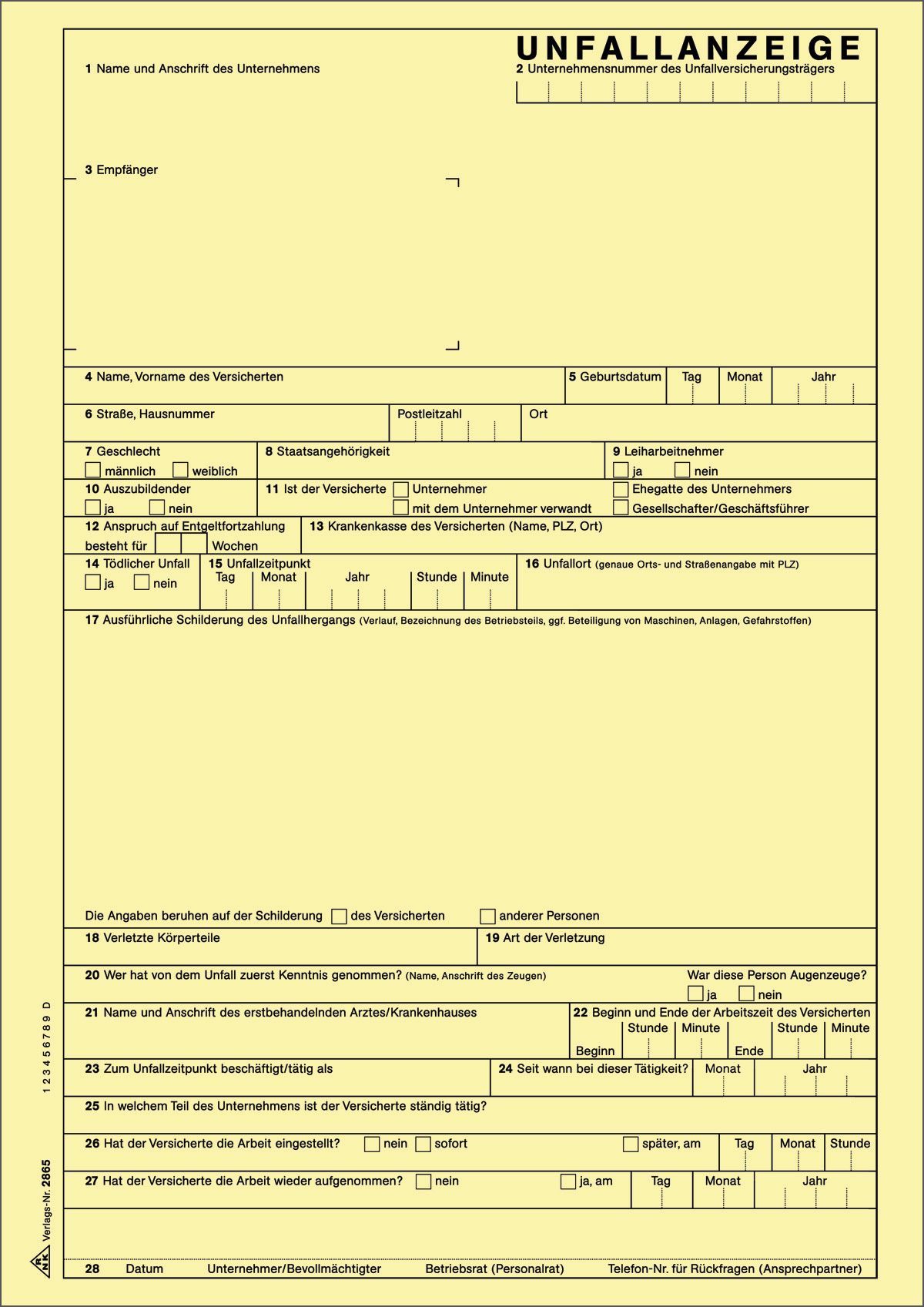 Unfallanzeige für Arbeitsunfall - SD, 1 x 5 Blatt, DIN A4, + 1 Seite Hinweise Unfallanzeige für Arbeitsunfall - SD, 1 x 5 Blatt, DIN A4, + 1 Seite Hinweise