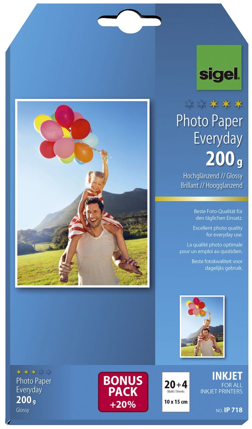 Fotopapier Photo Paper Everyday IP718, 10 x 15 cm, weiß, hochglänzend, 200 g/qm, 20 + 4 Blatt für Inkjetdrucker