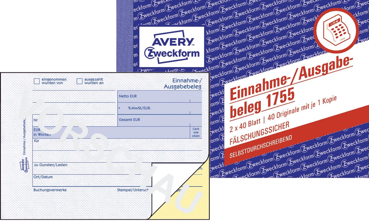 1755 Einnahme-/Ausgabebeleg - A6 quer, SD, MP, fälschungssicher, 2 x 40 Blatt, weiß, gelb 1755 Einnahme-/Ausgabebeleg - A6 quer, SD, MP, fälschungssicher, 2 x 40 Blatt, weiß, gelb