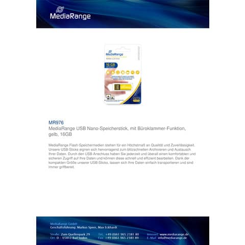 USB-Stick Media Range MR976 Nano, 16 GB, bis zu 14 MB/s, USB 2.0, blau