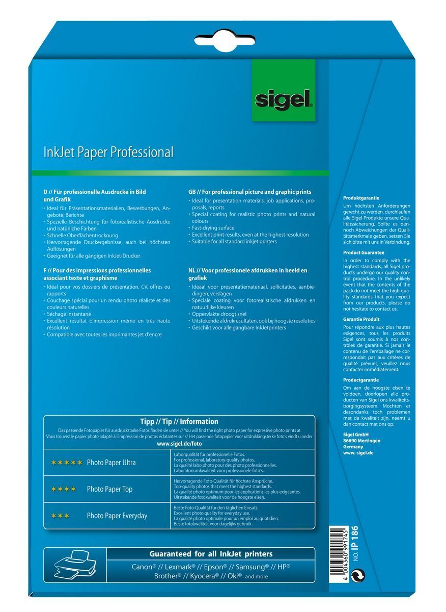 Fotopapier InkJet Paper Professional IP186, DIN A4, weiß, matt, 160 g/qm, 25 Blatt für Inkjetdrucker