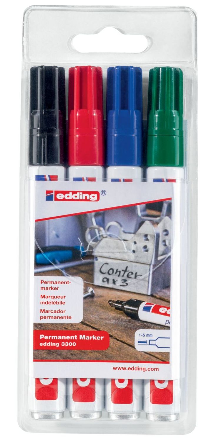 Permanentmarker Set Edding 3300, Keilspitze, Strichbreite 1 - 5 mm, nachfüllbar, Etui mit 4 Farben Permanentmarker Set Edding 3300, Keilspitze, Strichbreite 1 - 5 mm, nachfüllbar, Etui mit 4 Farben