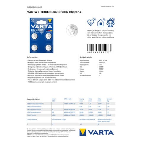 Knopfzelle Varta 6032, CR2032, 3 V, 4 Stück