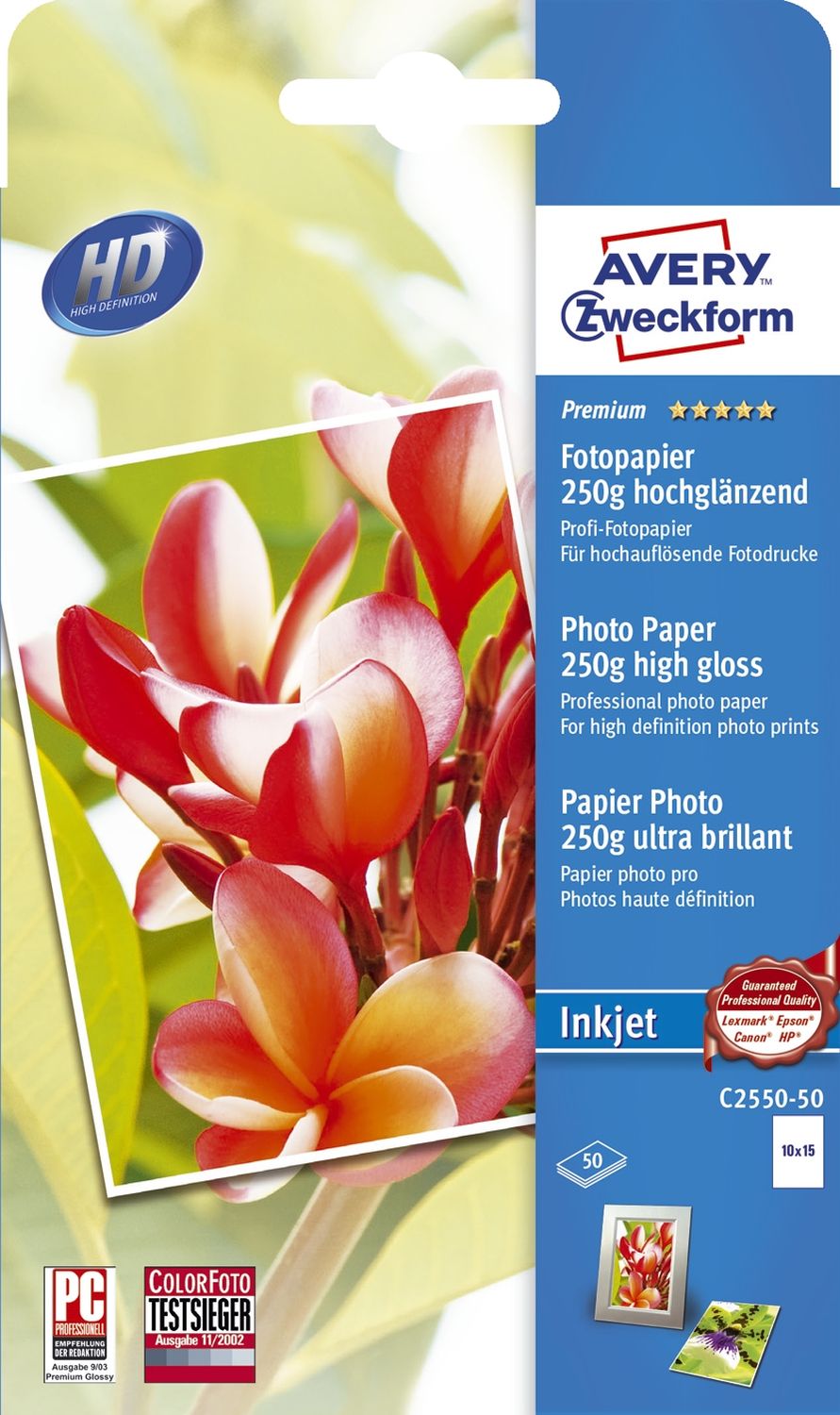 Fotopapier Premium C2550-50, 10x15 cm, weiß, hochglänzend, 250 g/qm, 50 Blatt für Inkjetdrucker