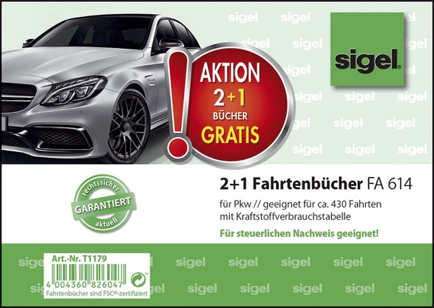 2 + 1 Aktion Fahrtenbuch für Pkw - mit Klammerheftung, A6 quer, 40 Blatt