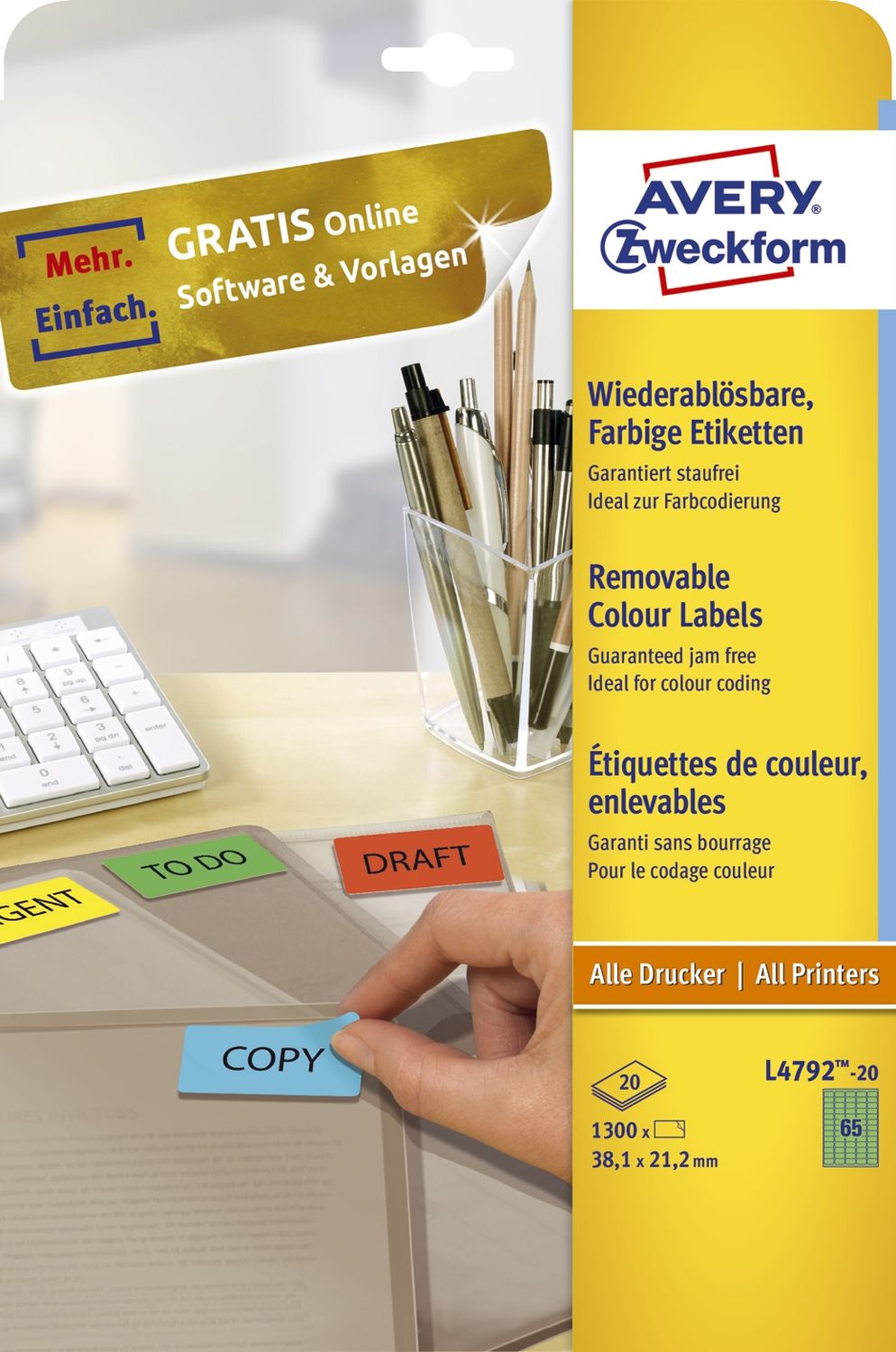 L4792-20 Etiketten - 38,1 x 21,2 mm, grün, 1.300 Etiketten/20 Blatt, wiederablösbar