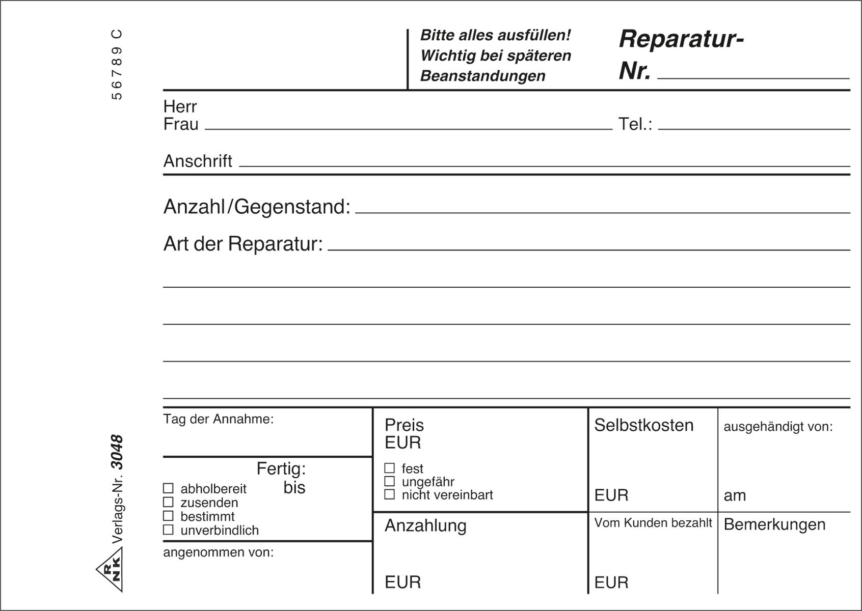 Reparaturschein - Block - SD, 3 x 40 Blatt, DIN A6 quer Reparaturschein - Block - SD, 3 x 40 Blatt, DIN A6 quer