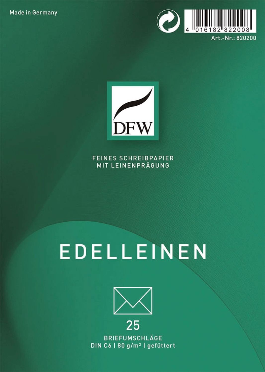 Briefumschläge Edelleinen DFW 820200, DIN C6, gefüttert, 80 g/am, 25 Stück