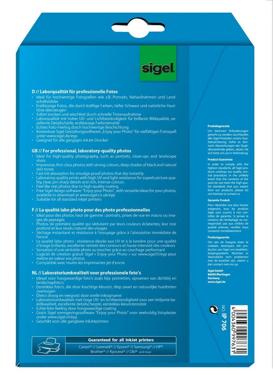 Fotopapier Photo Paper Ultra IP706, 13 x 18 cm, weiß, hochglänzend, 260 g/qm, 15 + 3 Blatt für Inkjetdrucker