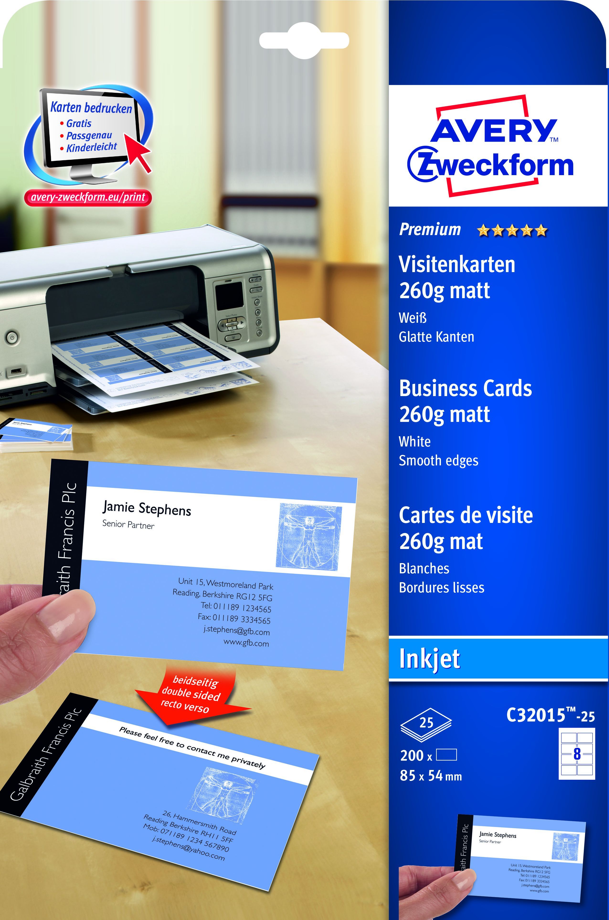 C32015-25 Premium Visitenkarten, 85 x 54 mm, Inkjet-Spezialbeschichtung beidseitig - matt, 25 Blatt/200 Stück