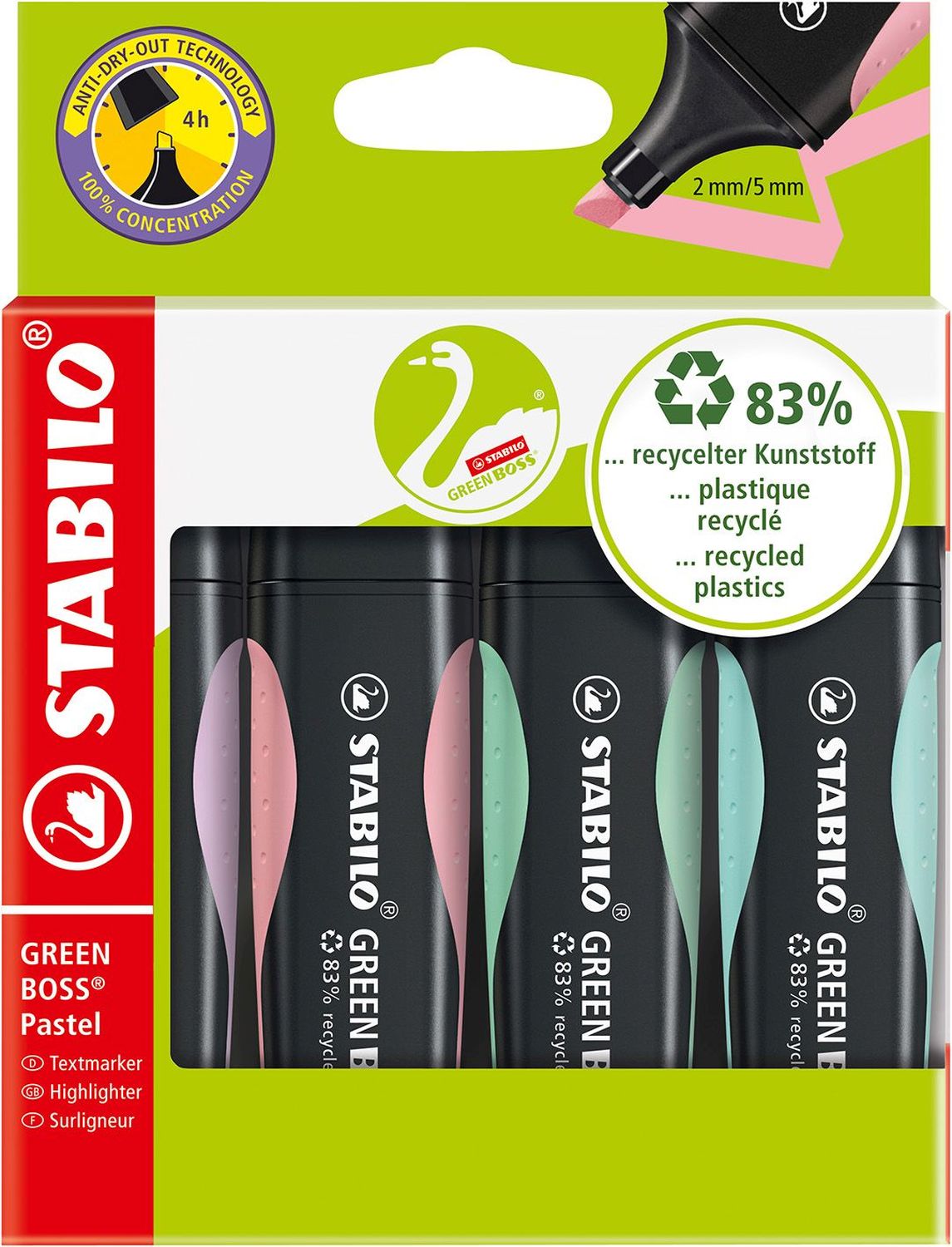 Umweltfreundlicher Textmarker - GREEN BOSS Pastel - 4er Pack - Hauch von Minzgrün, rosiges Rouge, zartes Türkis und Schimmer von Lila Umweltfreundlicher Textmarker - GREEN BOSS Pastel - 4er Pack - Hauch von Minzgrün, rosiges Rouge, zartes Türkis und Schimmer von Lila