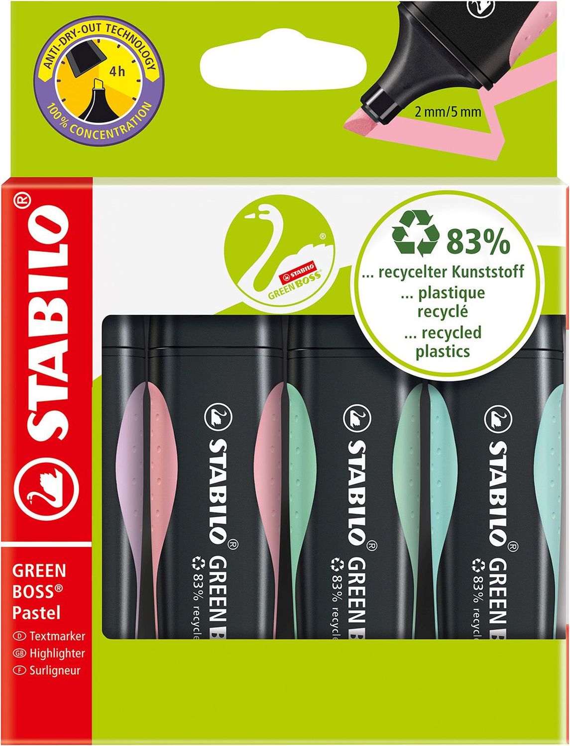 Umweltfreundlicher Textmarker - GREEN BOSS Pastel - 4er Pack - Hauch von Minzgrün, rosiges Rouge, zartes Türkis und Schimmer von Lila