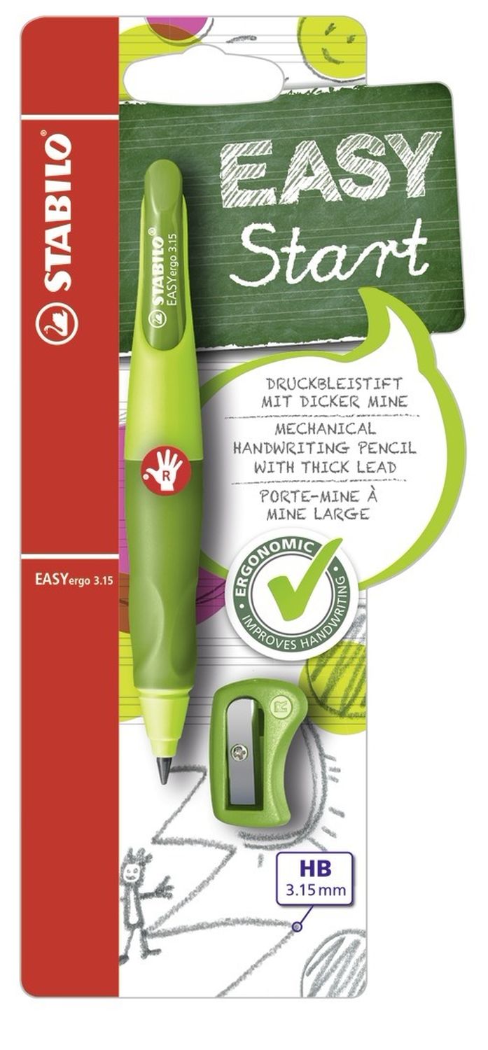 Ergonomischer Druck-Bleistift für Rechtshänder - EASYergo 3.15 in hellgrün/dunkelgrün - Einzelstift - inklusive 1 dicken Mine - Härtegrad HB & Spitzer Ergonomischer Druck-Bleistift für Rechtshänder - EASYergo 3.15 in hellgrün/dunkelgrün - Einzelstift - inklusive 1 dicken Mine - Härtegrad HB & Spitzer