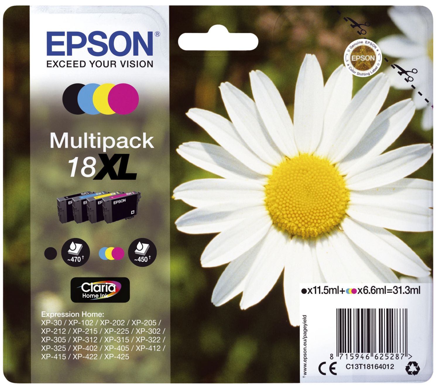 Original Epson Tintenpatrone MultiPack Bk,C,M,Y High-Capacity (C13T18164012,18XL,T1816,T18164012)