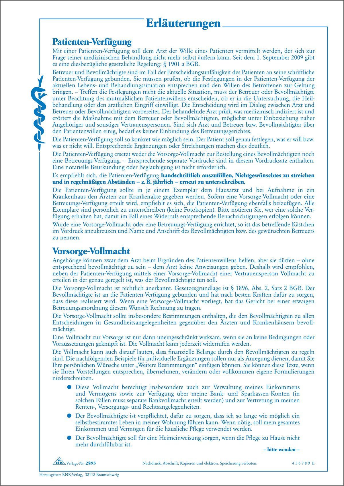 Patientenverfügung mit allen notwendigen Formularen, A4 Patientenverfügung mit allen notwendigen Formularen, A4