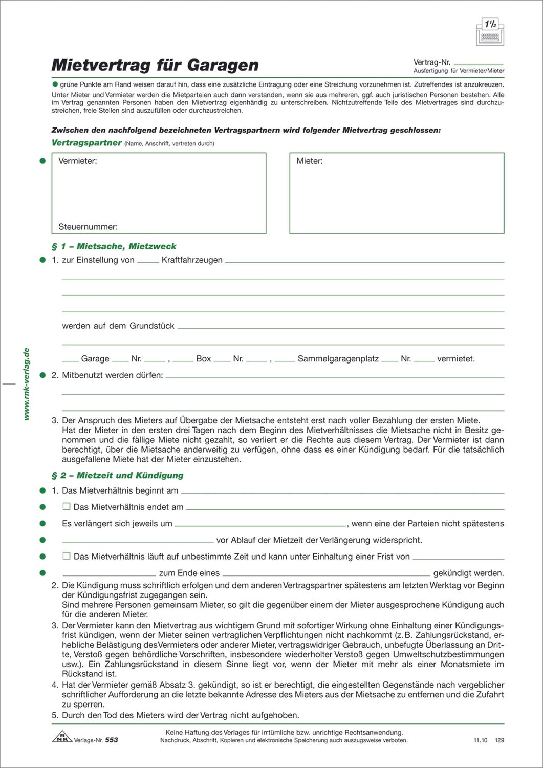 Mietvertrag für Garagen, 4 Seiten, gefalzt auf DIN A4, 10 Stück