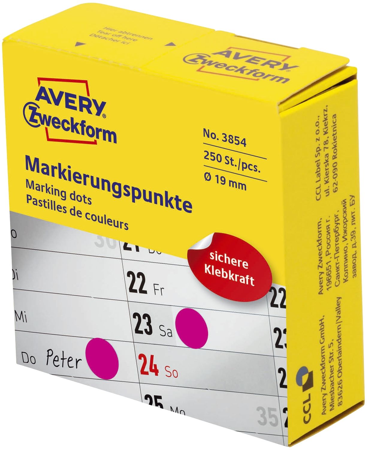 3853 Markierungspunkte - Ø 19 mm, Spender mit 250 Etiketten, magenta 3853 Markierungspunkte - Ø 19 mm, Spender mit 250 Etiketten, magenta