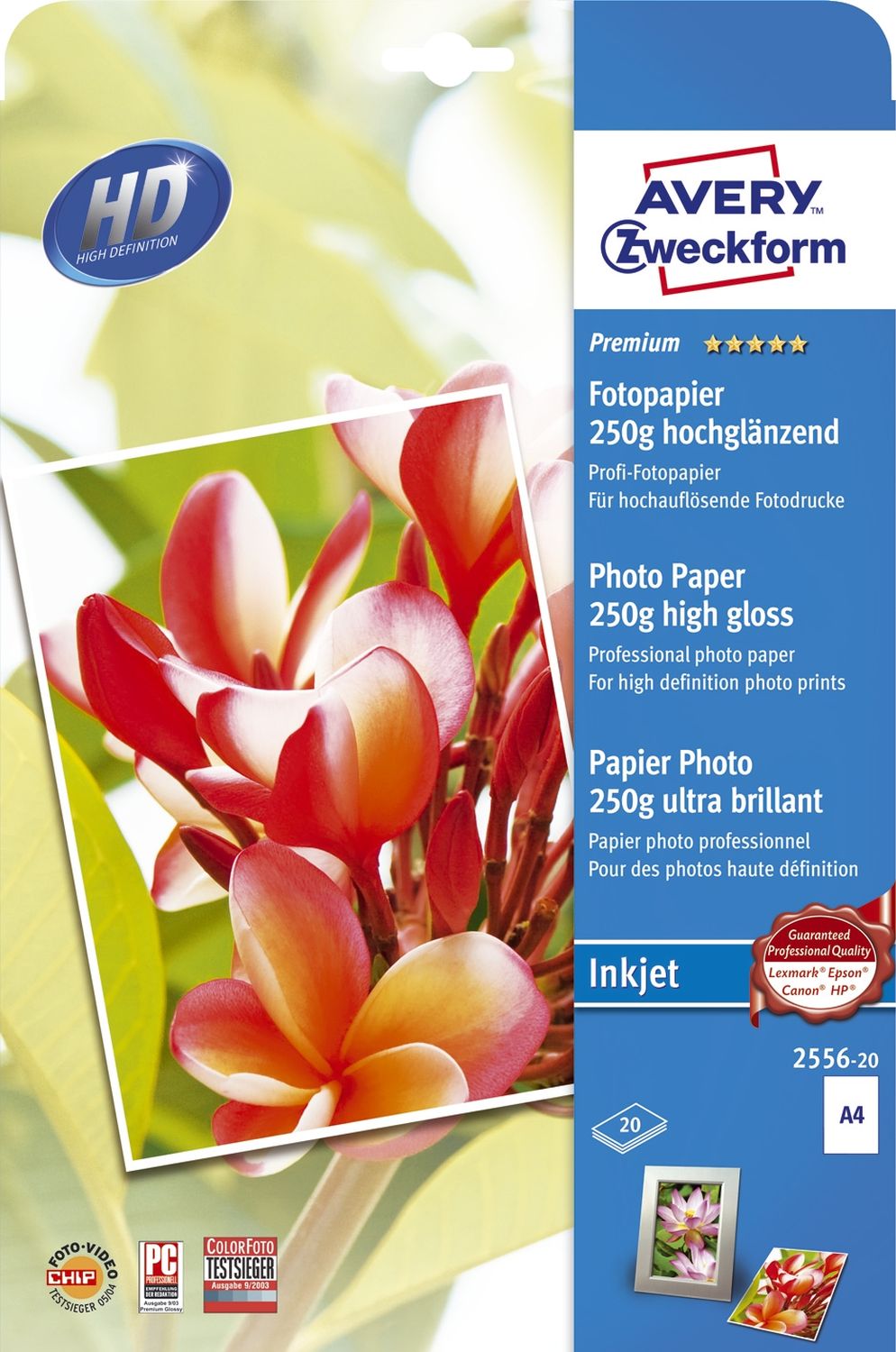 Avery Zweckform Superior Inkjet Fotopapier 2556-20, A4, 250g, hochglänzend, 20 Blatt