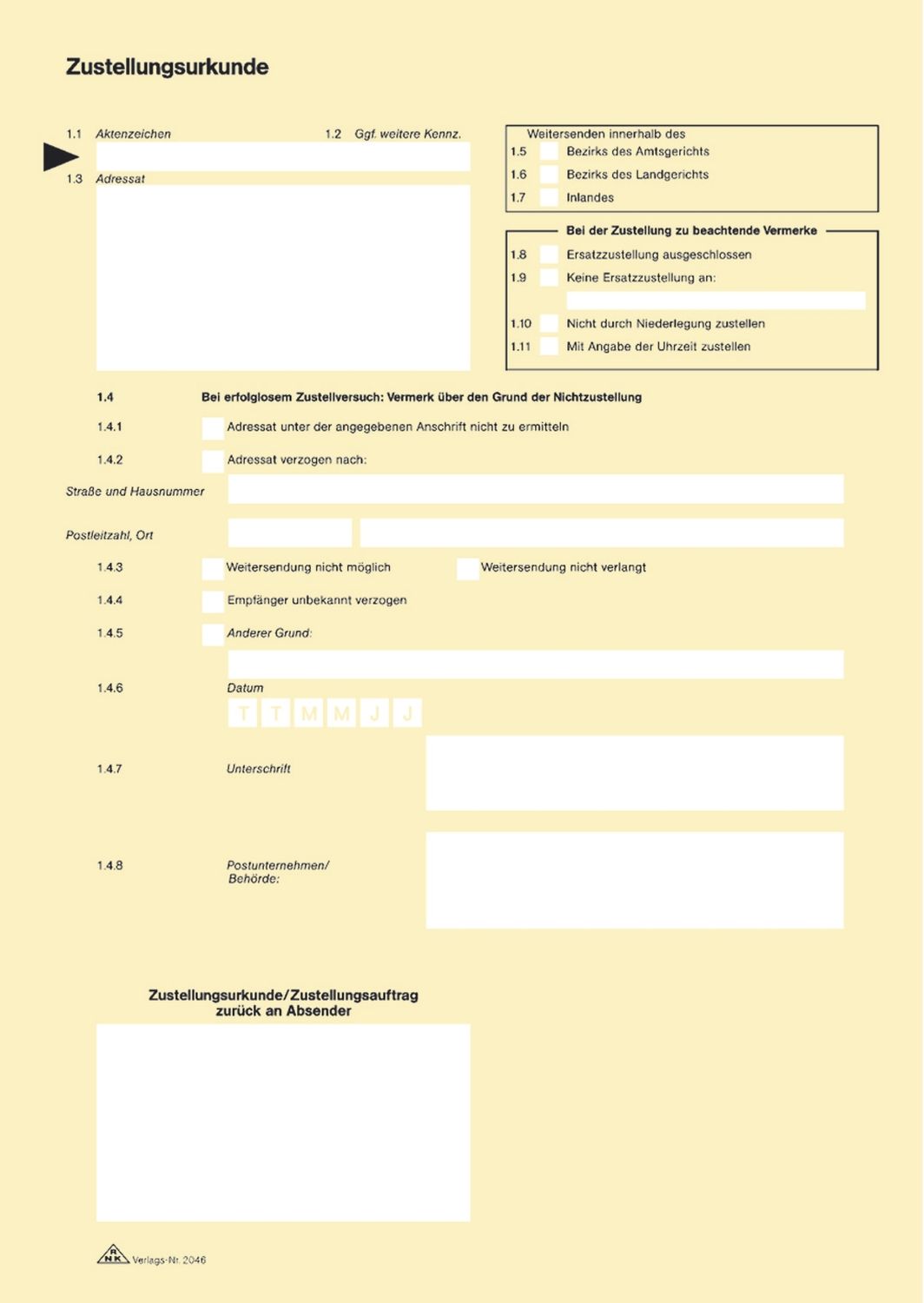 Zustellungsurkunde, 2 Seiten, DIN A4, 80g/qm