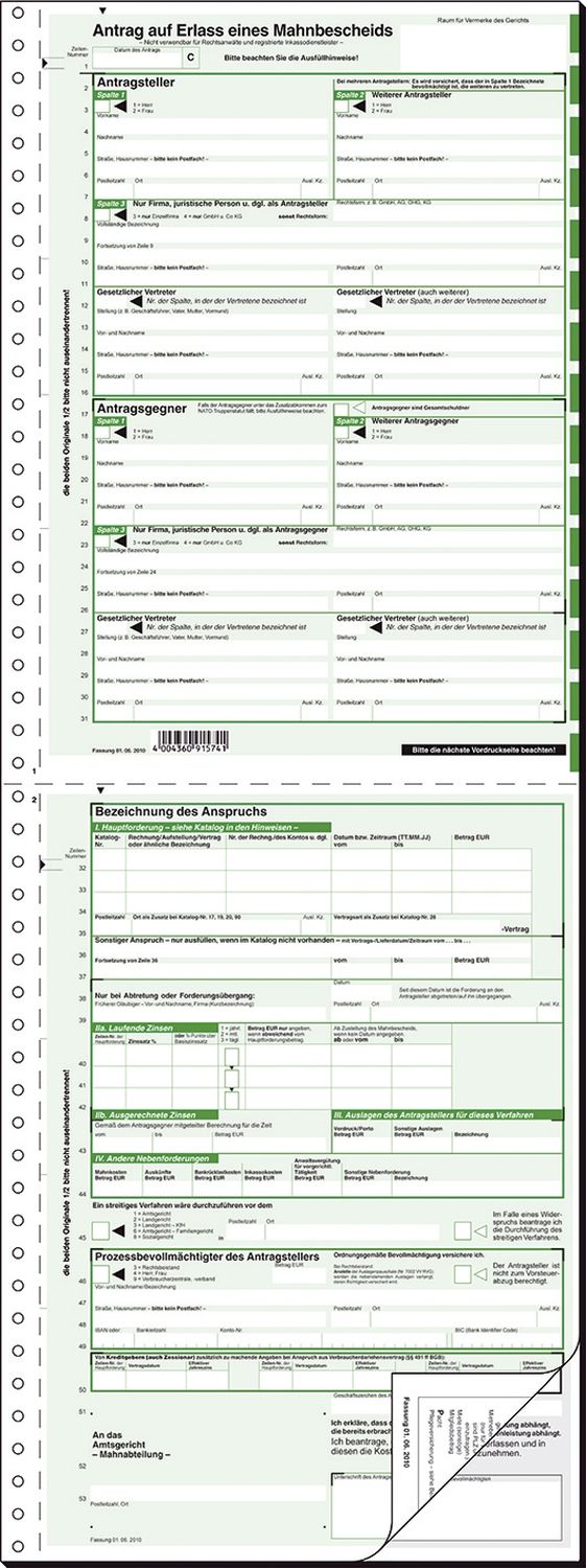 Mahnbescheid für maschinelle Bearbeitung - A4, 2 x 2 Blatt Mahnbescheid für maschinelle Bearbeitung - A4, 2 x 2 Blatt