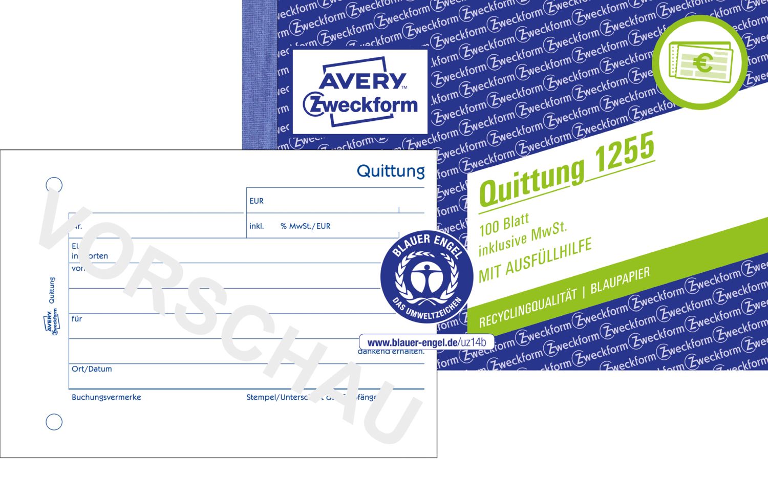 1255 Quittung inkl. MwSt. Recycling - A6 quer, MP, BL, 2x 50 Blatt 1255 Quittung inkl. MwSt. Recycling - A6 quer, MP, BL, 2x 50 Blatt