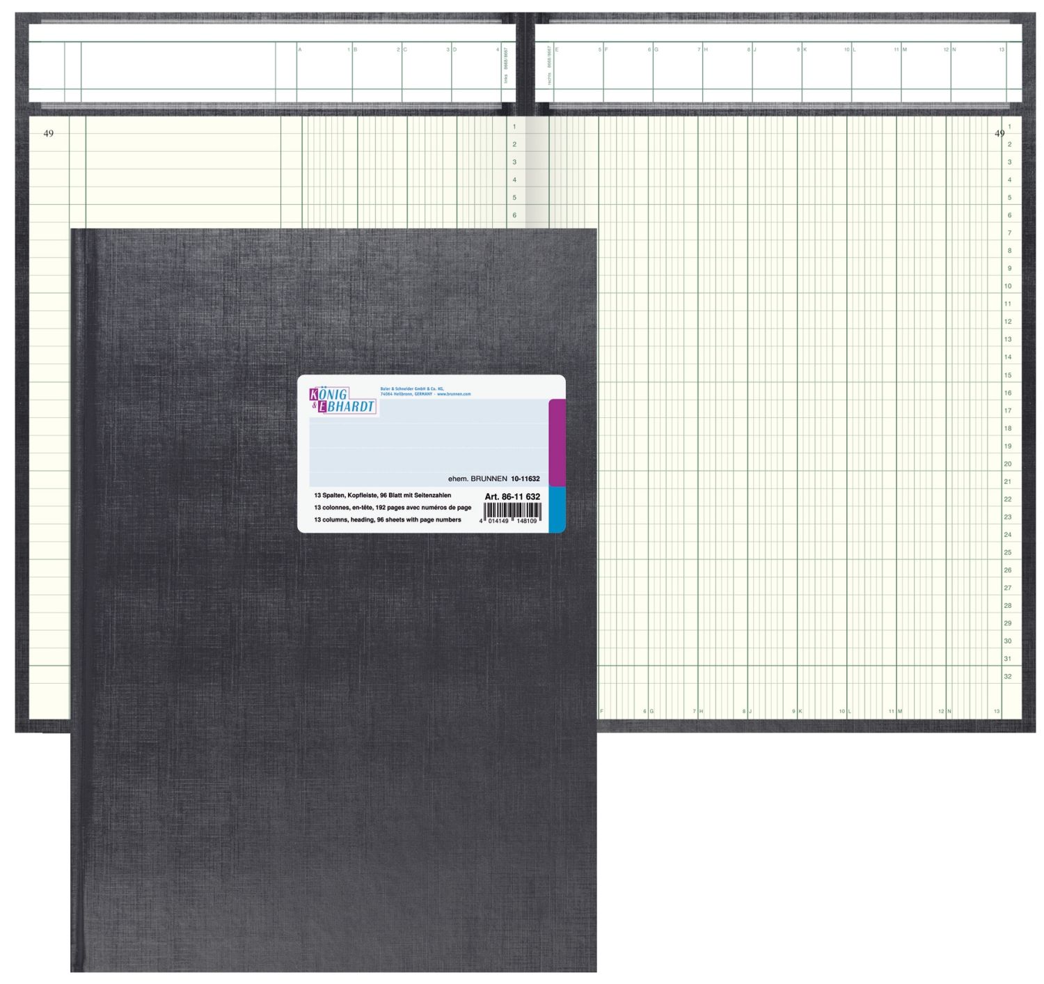 Spaltenbuch Kopfleisten-Ausführung - A4, 13 Spalten, 96 Blatt, Schema über 2 Seite, mit Seitenzahlen