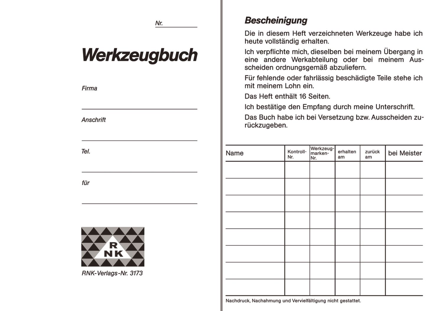 Werkzeugbuch, 16 Seiten, DIN A6 Werkzeugbuch, 16 Seiten, DIN A6