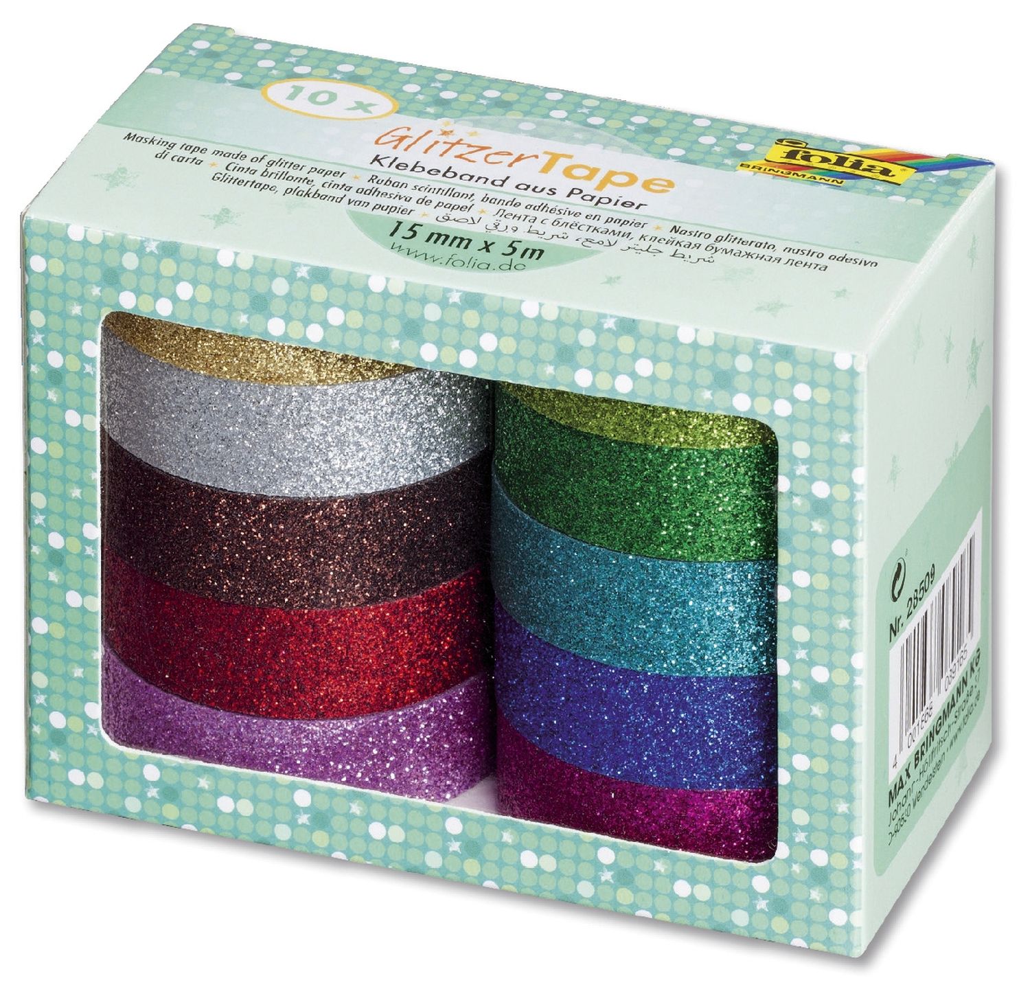 Klebeband Folie Glitter 28509, glitzernd, farbig sortiert, 15 mm x 5 m, 10 Rollen